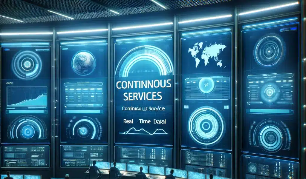 Operadores en un centro de control moderno monitoreando servicios continuos con pantallas digitales curvas y datos en tiempo real.