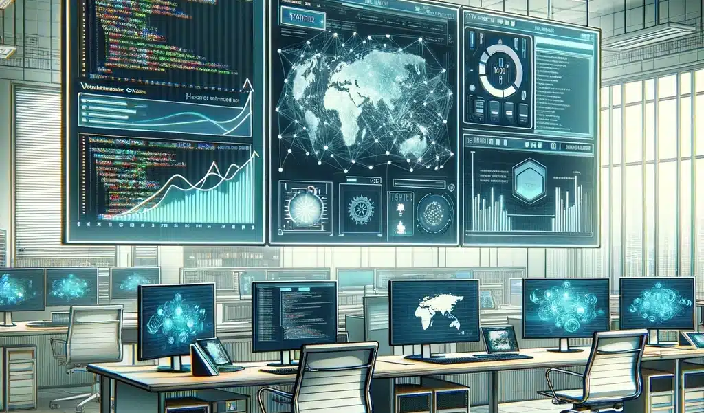 Estación de trabajo de mantenimiento informático con múltiples pantallas mostrando administración de servidores y virtualización.